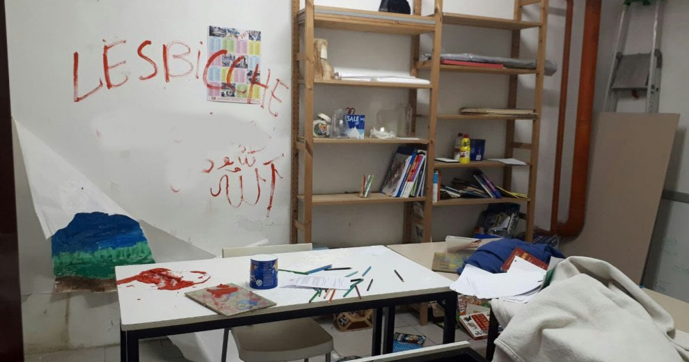The classroom in Milan that was vandalised in the attack.