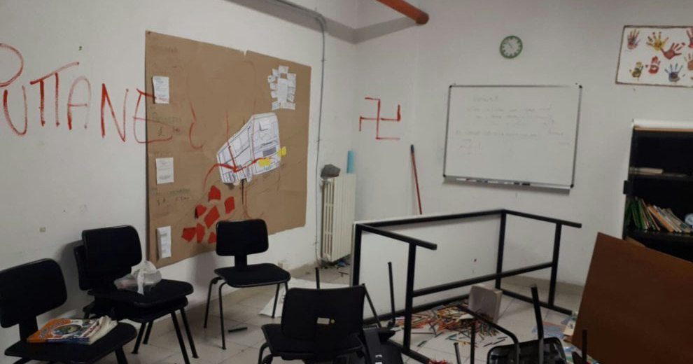 The classroom in Milan that was vandalised in the attack.