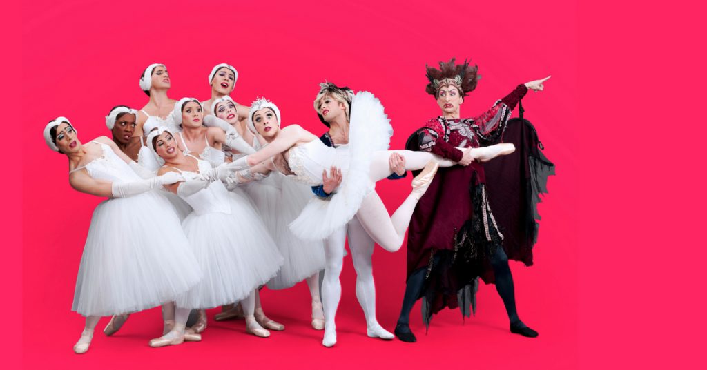 The ballerinas of the all-male drag troupe The Trocks pose in a comedic send up of Swan Lake
