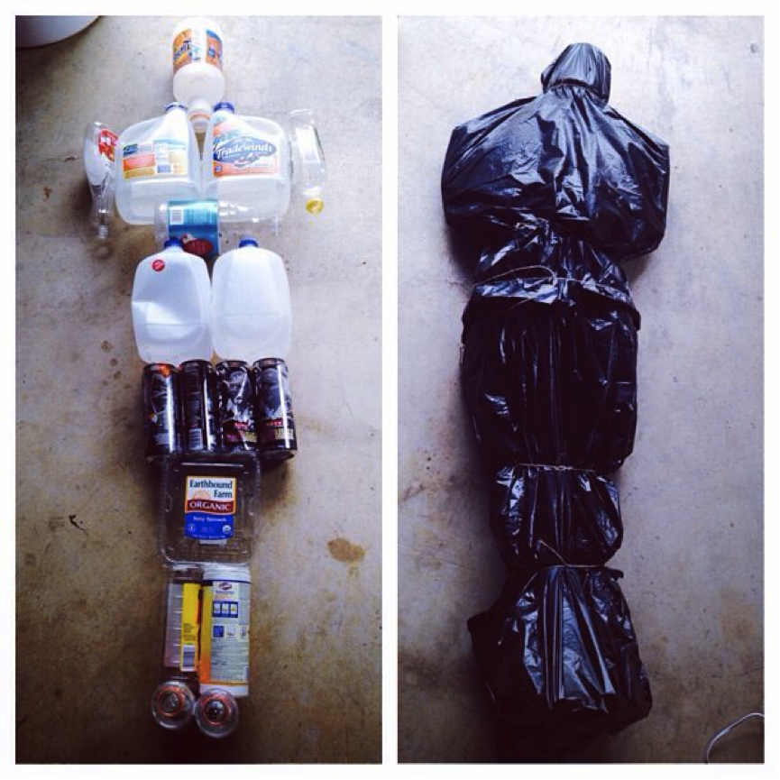 Fake corpse made out of bottles, used as prop for a Halloween party