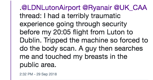 The woman's tweet detailing her experience at airport security.