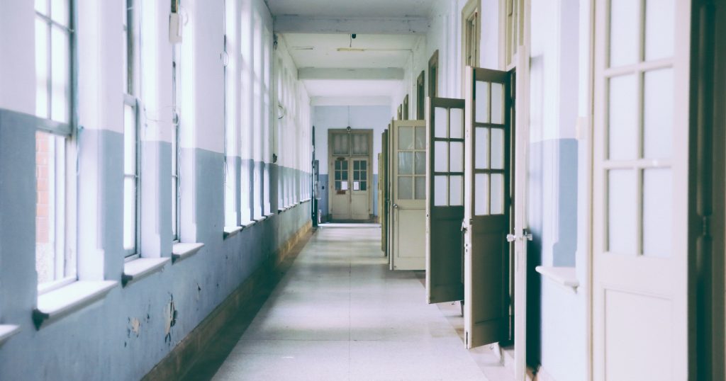A school hallway. A trans student was excluded from her school's safety drill.