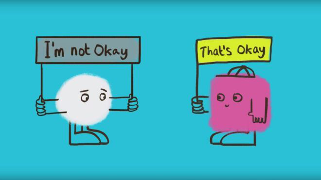 A cartoon for World Mental Health Day featuring two coloured shapes with human features discussing mental health