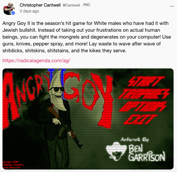 Christopher Cantwell post on radical far right website, about the new extremist video game