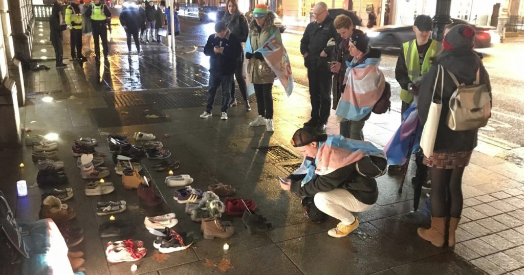 Trans Memorial outside Leinster House. People brought shoes to mourn those lost to transphobic violence.