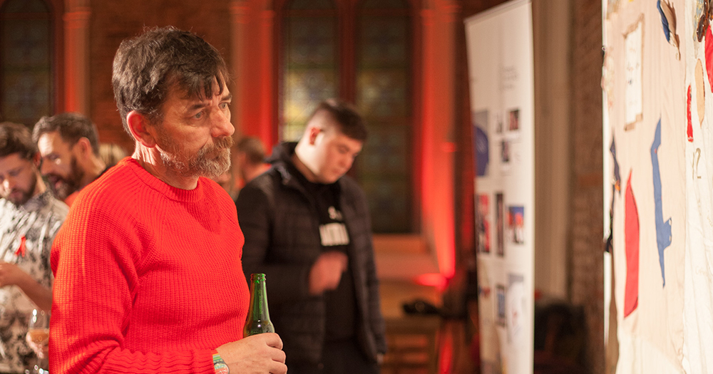 Professor Mulcahy and Panti at Smock Alley with the Irish Names Quilt in the background