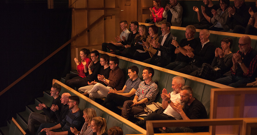 Professor Mulcahy and Panti at Smock Alley with the Irish Names Quilt in the background