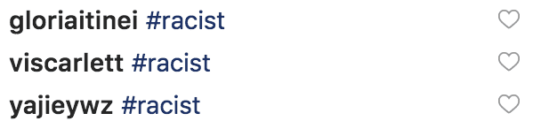 Screenshots of Instagram comments saying #racist