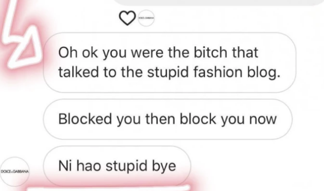 Screenshots of Instagram messages from Dolce and Gabbana