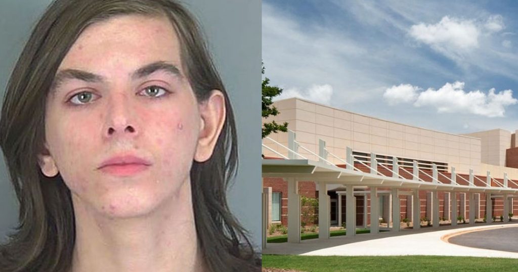 Split screen of a teenagers mugshot and the school he threatened to bomb
