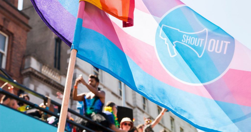 ShoutOut Trans Pride flag at Dublin Pride 2018