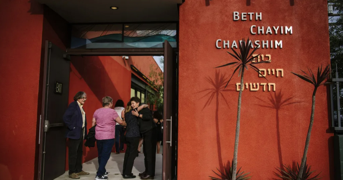 Worshippers outside the Beth Chayim Chadashim LGBT+ synagogue