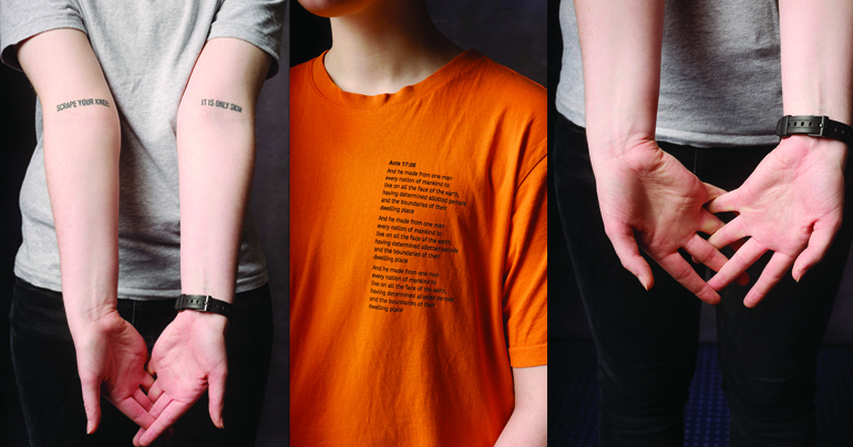 Image for new Irish theatre show 'Transition, Family And Me' featuring a young person clasping their hands alongside another young person wearing a t-shirt wth a biblical quote