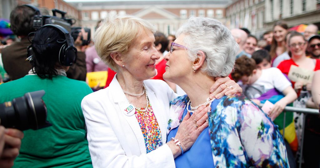 Ann Louise Gilligan and Katherine Zappone at Dublin Castle after marriage equality referendum results were announced.