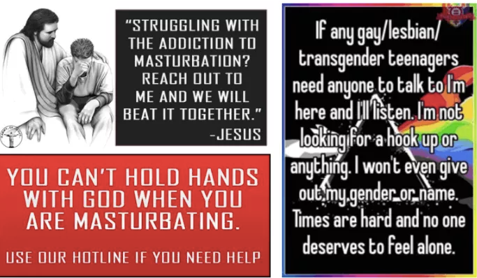 Posters used by fake Christian Facebook page Army of Jesus, aimed at LGBT+ people.