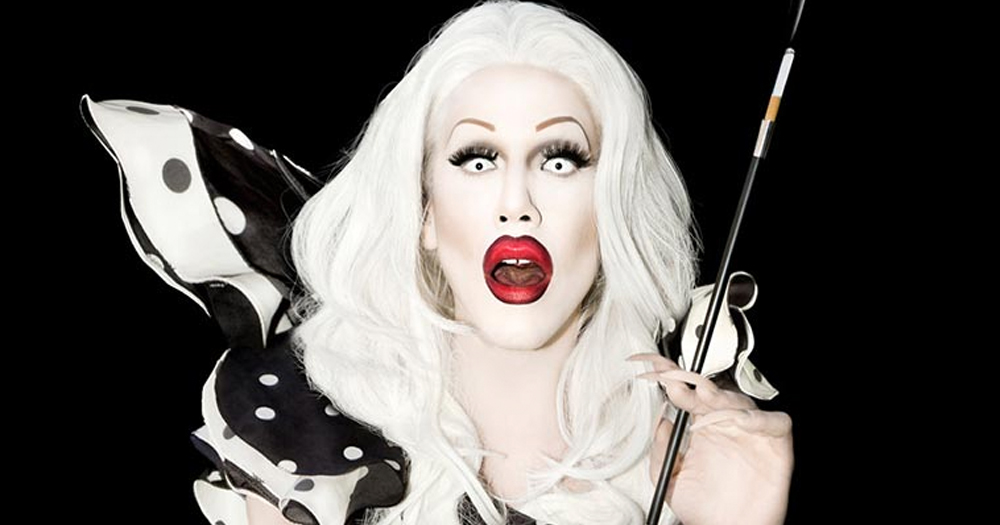 Image of drag queen Sharon Needles with a cigarette holder