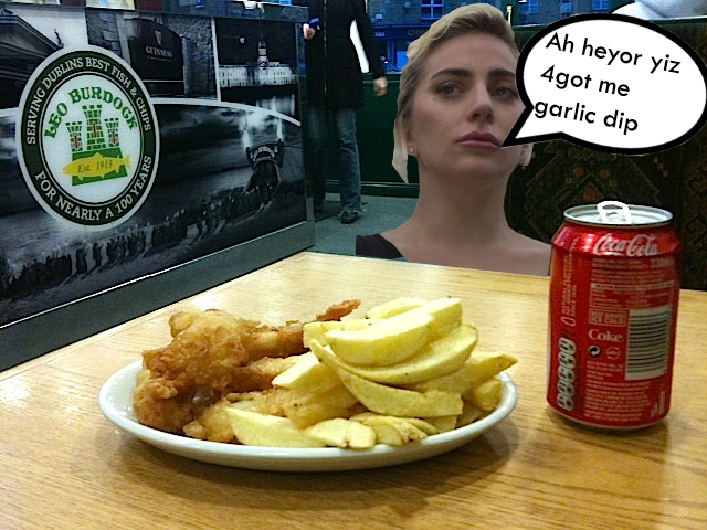 Lady gaga in Leo Burdocks crying because they forgot her garlic dip