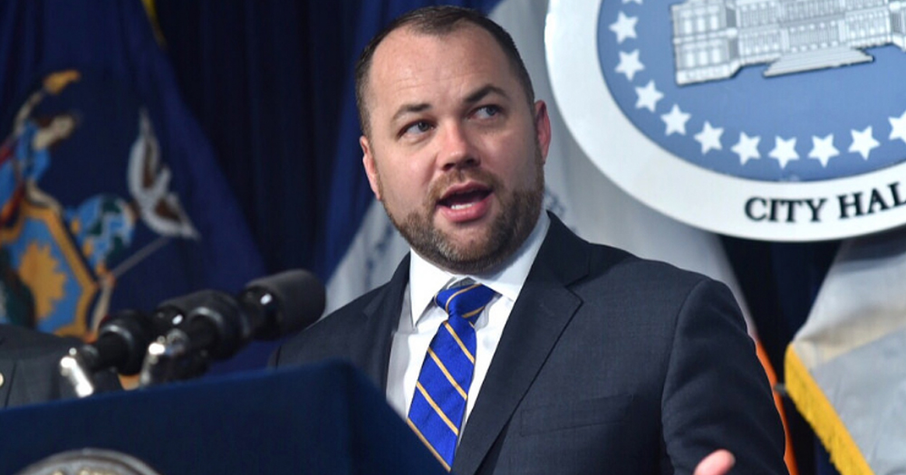 New York City mayoral candidate Corey Johnson at a press conference.