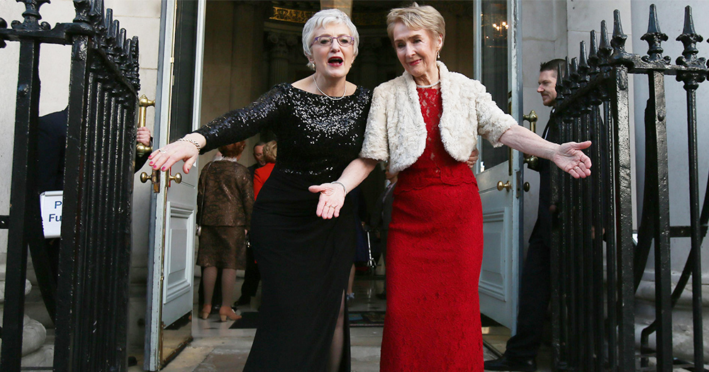 Minister Katherine Zappone and Dr Anne Louise Gilligan on their wedding day wearing the dresses which will be donated to the National Museum