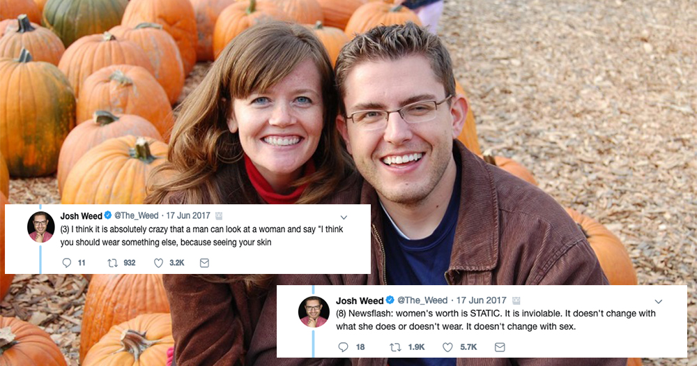 Man and woman smiling in front of left background of pumpkins and right background of path. Two twitter screen grabs are in the left and right foreground from thread on rape culture.