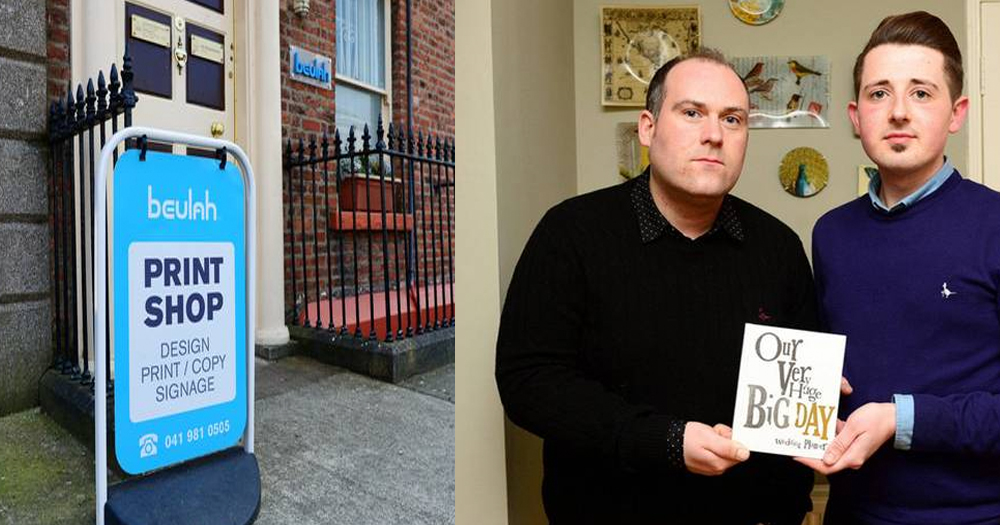 On the left, the outside of the Printing Company in Louth, and on the right a gay couple who were refused service.