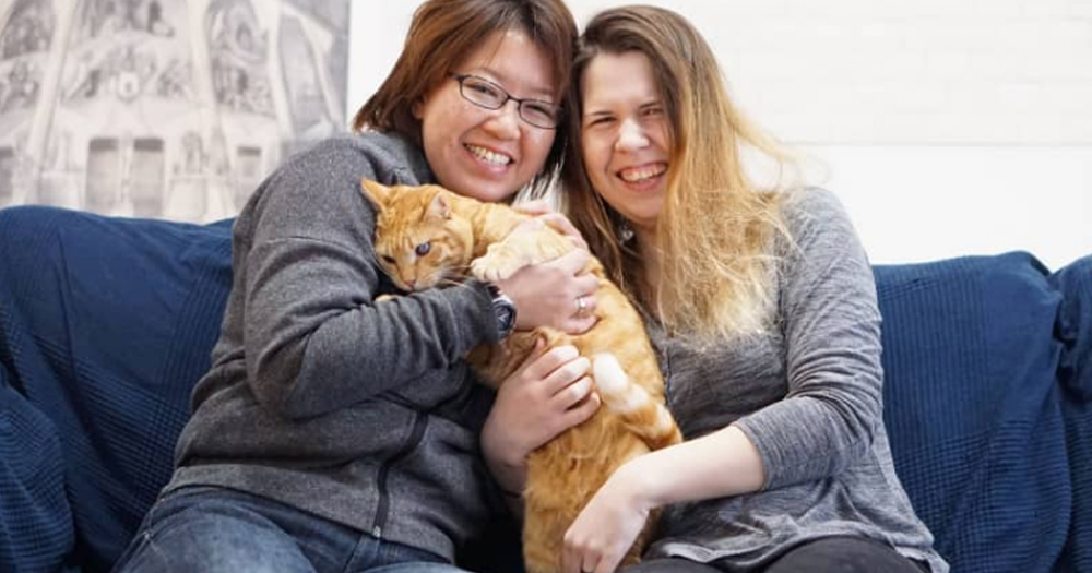 A lesbian couple cuddle their cat on a couch