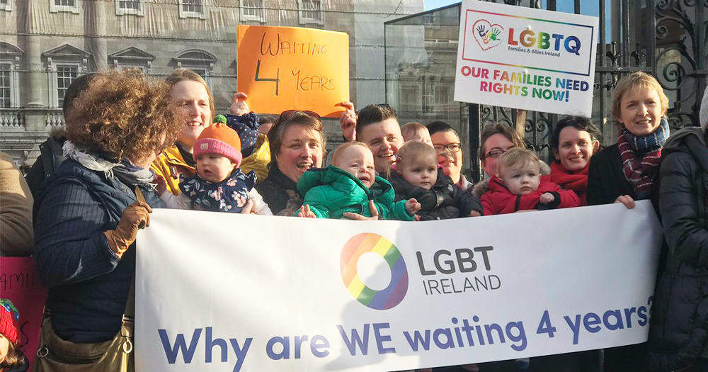 A group of same-sex families and their children protesting outside Leinster house for the state failing to fully protect them