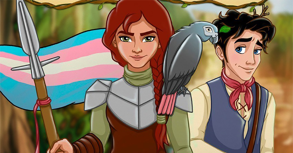 Illustration from Raven Wild storybook. A young woman holding a spear beside a young man with a parrot on his shoulder, behind them a trans flag.