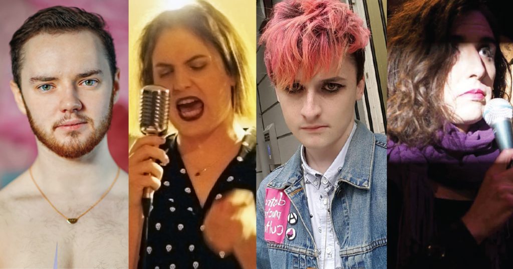 A selection of the lineup for Comedy Gold featuring a split screen of four people performing