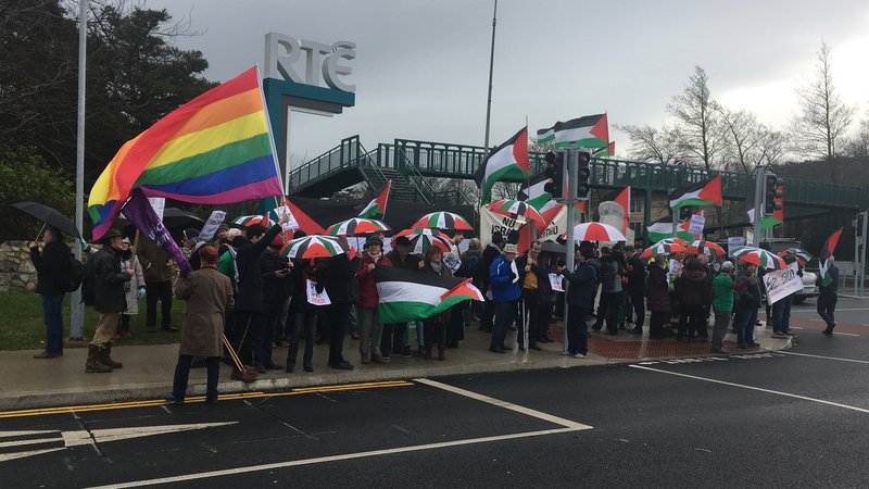 The Eurovision host has spoken out against calls for a boycott, such as that made by these protesters at RTÉ in early March