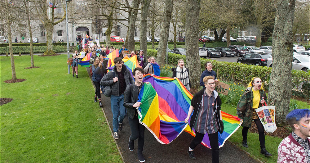 Students and staff march in NUI Galway's first on-campus Pride parade
