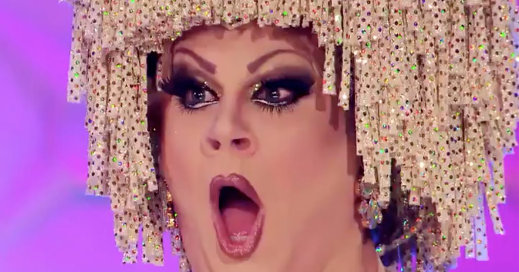 A close-up of drag queen Nina West looking shocked on the new episode of RuPaul's Drag Race
