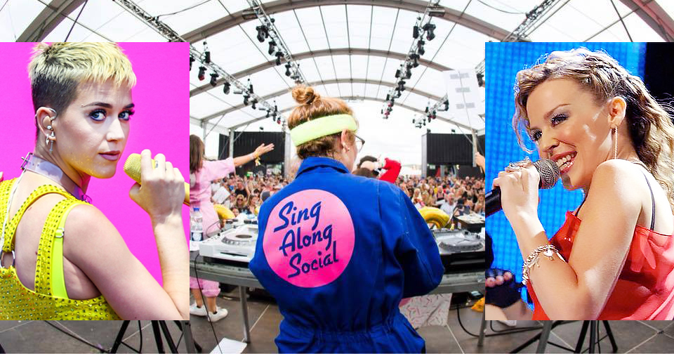 A dj in front of a crowd, image of Katie Perry on the left and Kylie Minogue. Both artist will be featured at the Singalong Social at The Sugar Club
