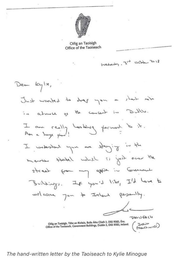Leo Varadkar's fan letter to Kylie Minogue
