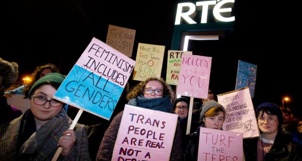 Linehan claims that he is not transphobic, but protesters gathered outside RTÉ to demonstrate against his inclusion on Prime Time. Pictured are some of these protestors.