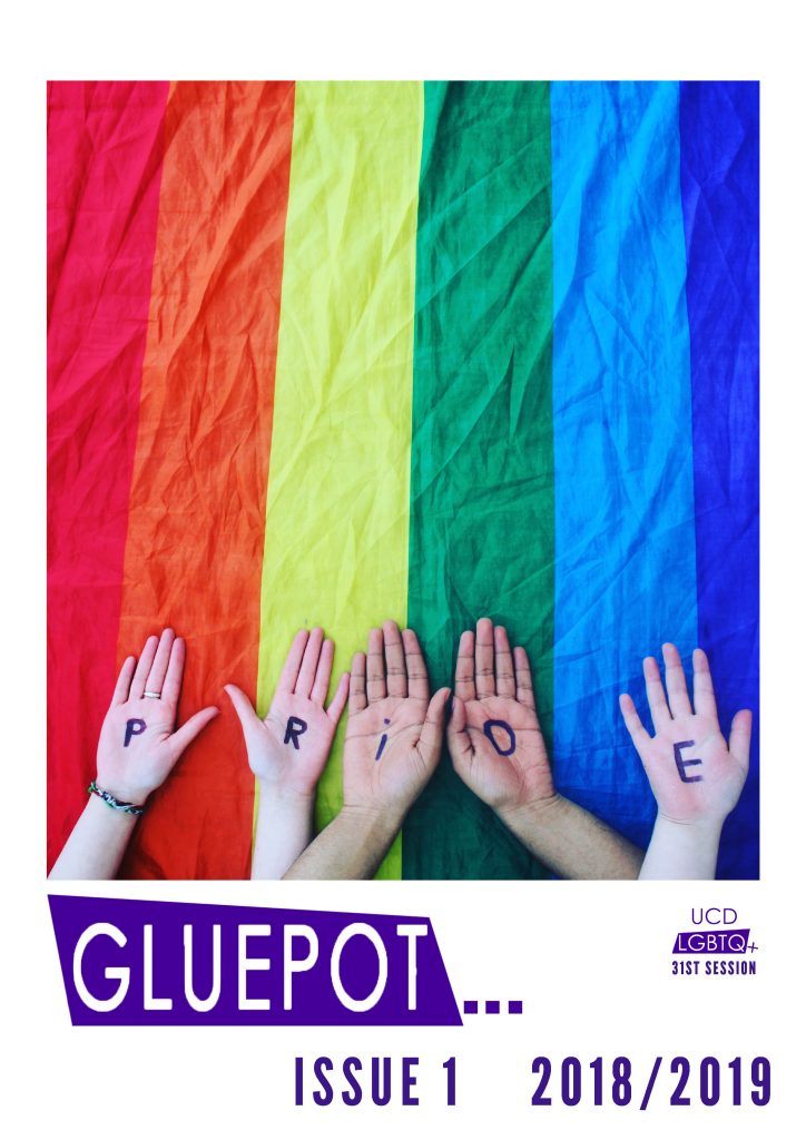 A rainbow flag and 5 hands. Each hand contains a letter from the word PRIDE. This is the cover of the new magazine GLUEPOT