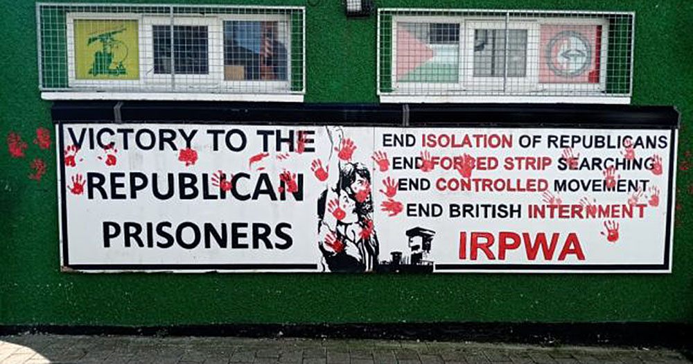 Protesters marked the wall of this dissident republican office with red handprints to protest the murder of Lyra McKee