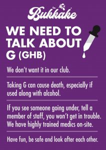 A poster for Bukkake club night talking about the dangers of GHB