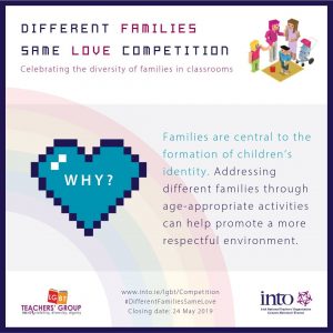 Primary Schools competition poster featuring a computerised cartoon image of lots of different families