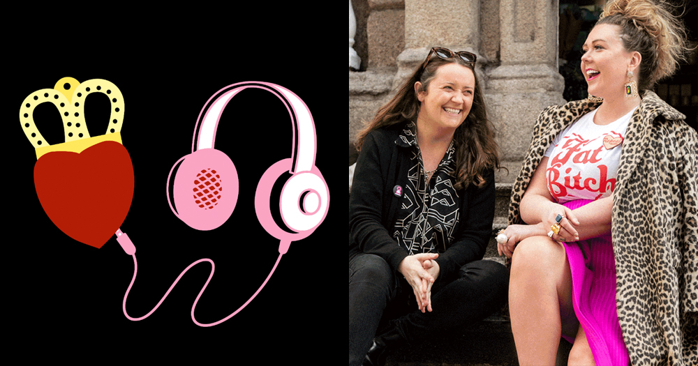Split screen of United Ireland podcast logo, Una Mullally and Andrea Horan sitting on steps while laughing