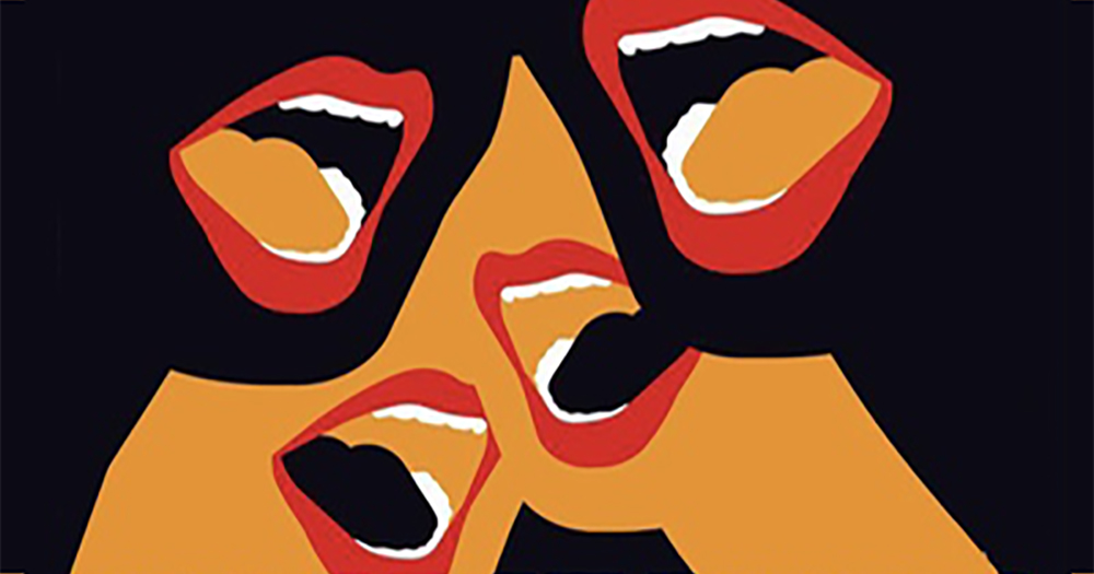 Poster for Revolting Women - An Illustration of five gaping mouths against a black and yellow background