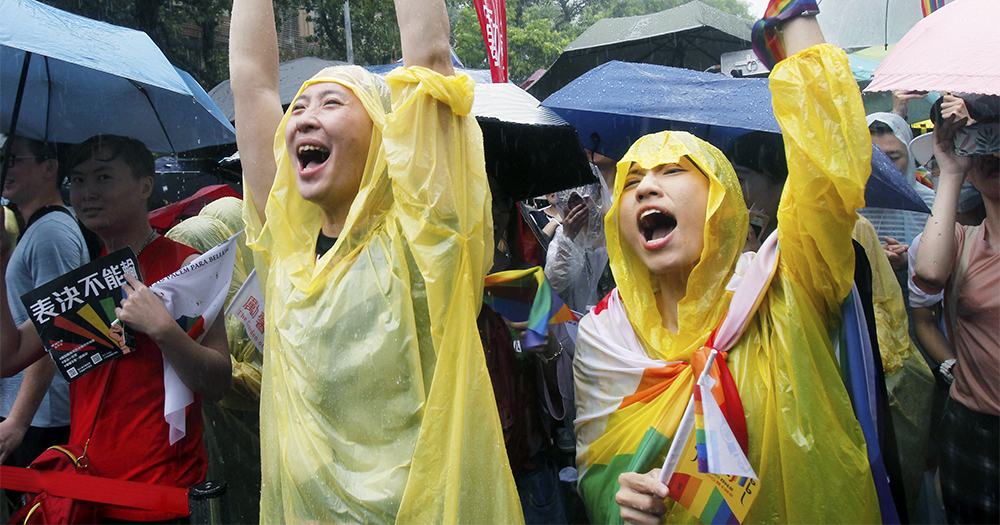 LGBT+ community and allies in Taiwan celebrating the same-sex marriage bill