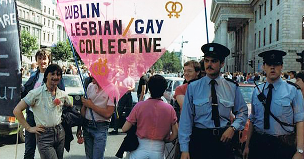 Protesters holding a banner which reads Dublin Lesbian and Gay Collective. This week marks the 40th anniversary of Ireland's first Pride Week,