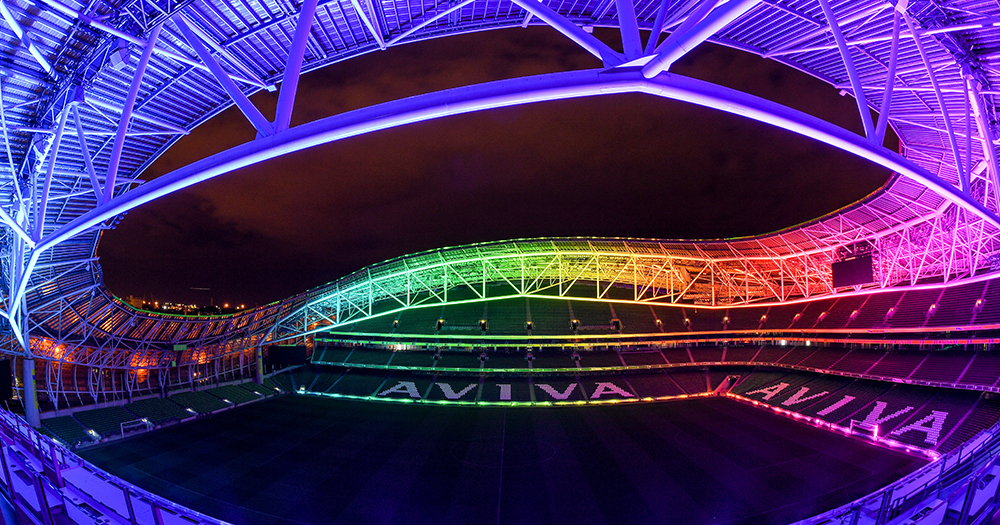 Katie McCabe in the Aviva lit up in the Rainbow flag colours