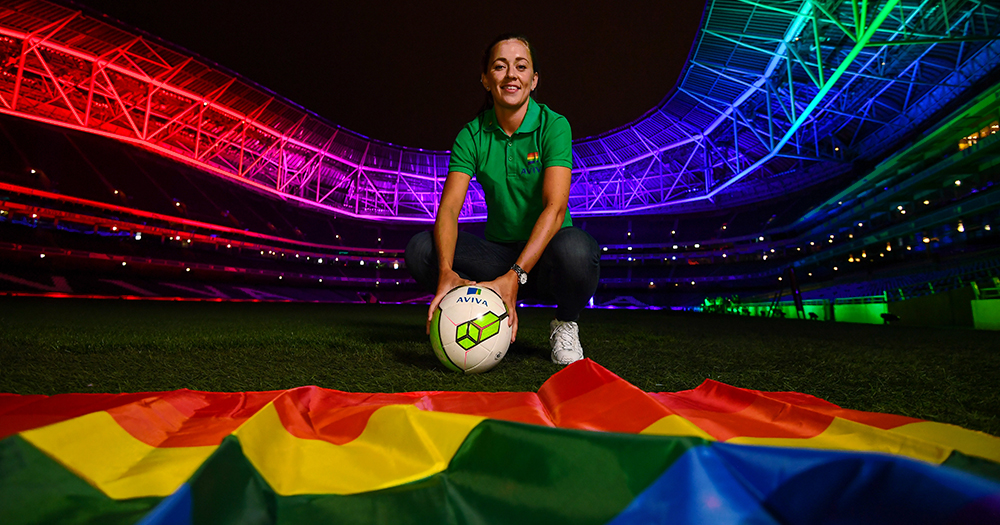 Katie McCabe in the Aviva lit up in the Rainbow flag colours