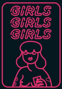 Artwork displaying a neon sign and a silhouette of a woman. This illustrate women in the online sex work field
