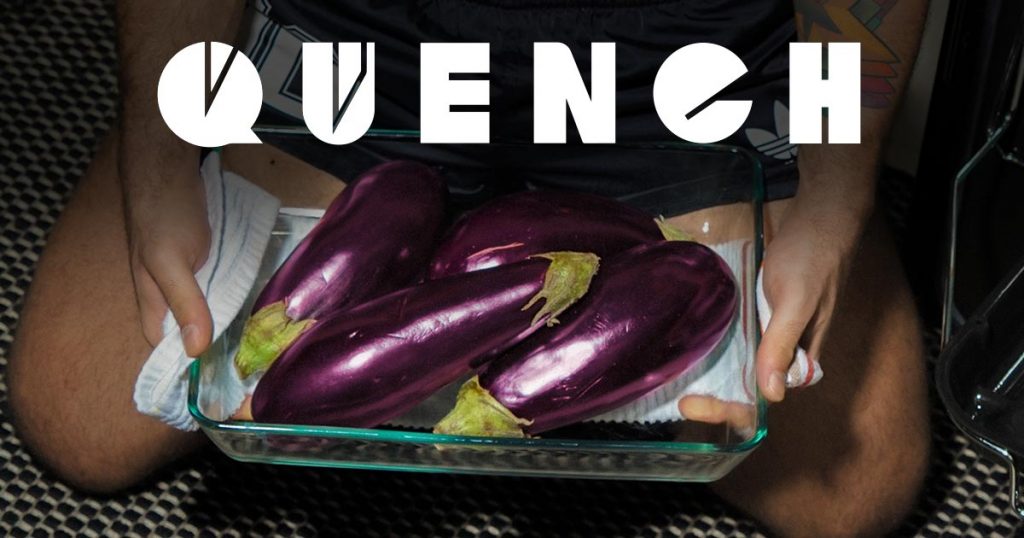 QUENCH logo over eggplants