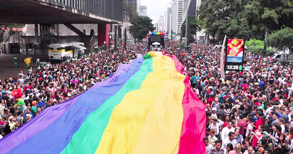 pride parade in sao paulo holding flag
