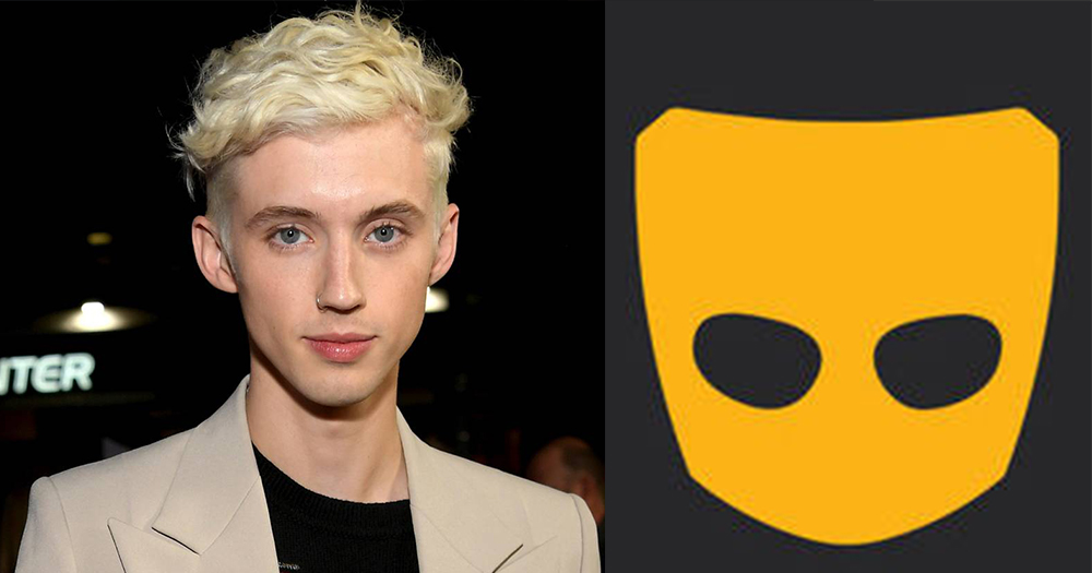 troye sivan next to grindr logo