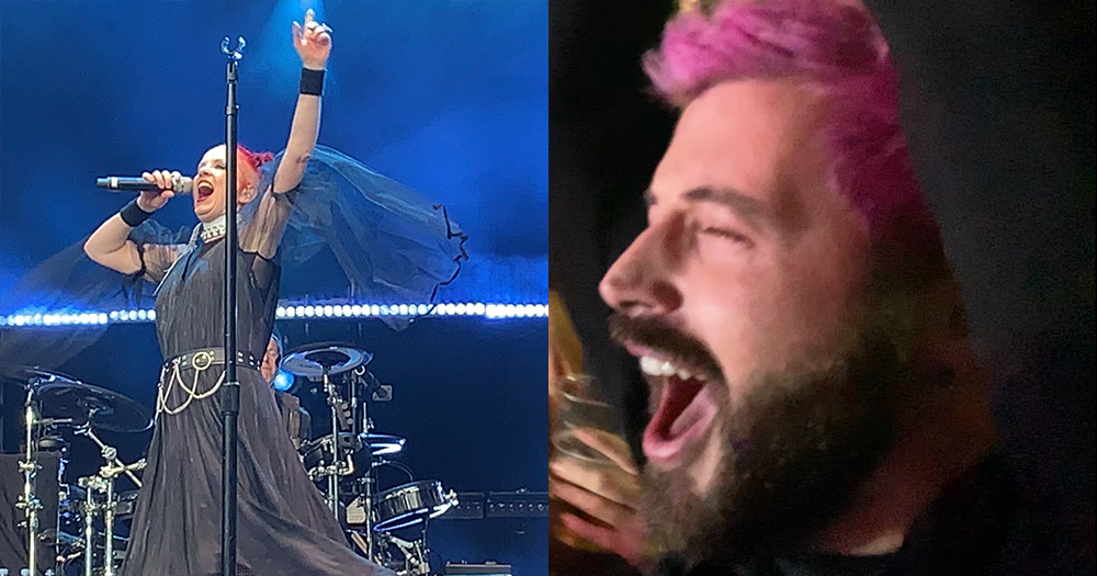 Split screen of Shirley Manson from Garbage and a screaming fan